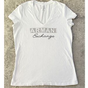 Y2K Armani Exchange White Bling Babydoll T Shirt Embroidered Logo V Neck Tee M